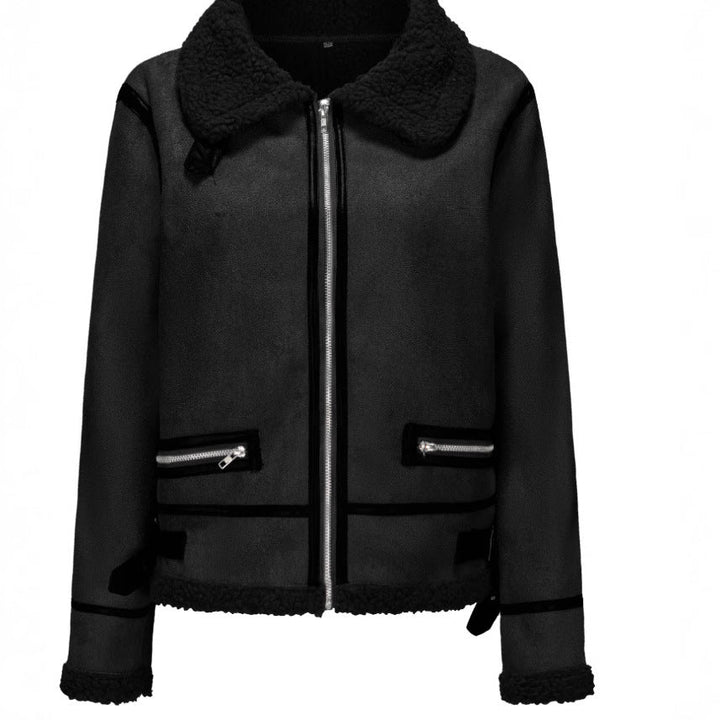 Women Short Cut Aviator Sheepskin Imitation Jacket with Teddy Lining and Faux Leather Trim