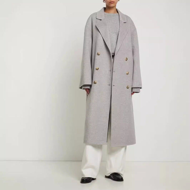 Women Oversize Double-breasted Long Coat with Dropped Shoulder Silhouette and Gold Decorative Buttons