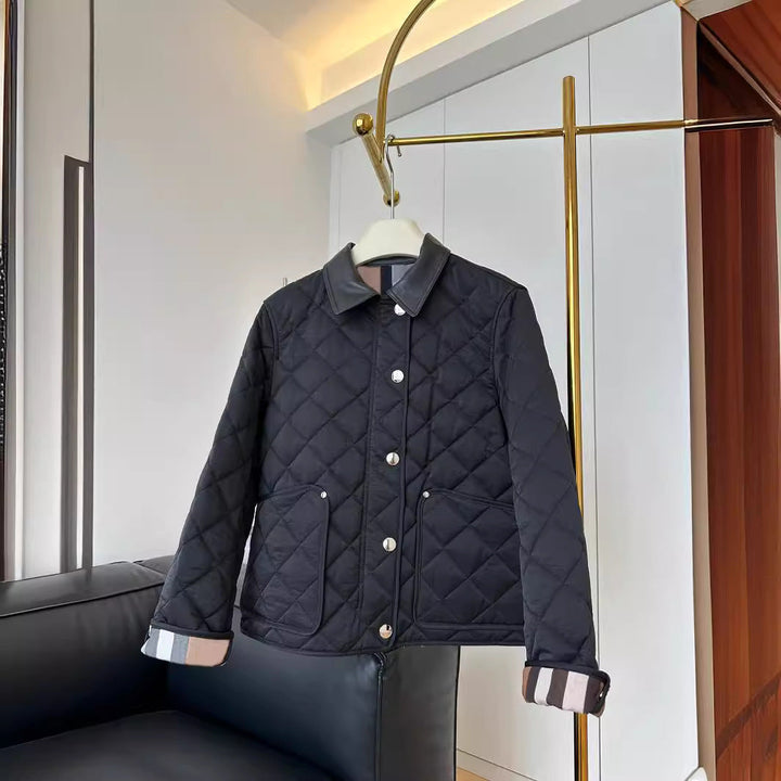 Ladies fashionable quilted jacket with elegant leather collar