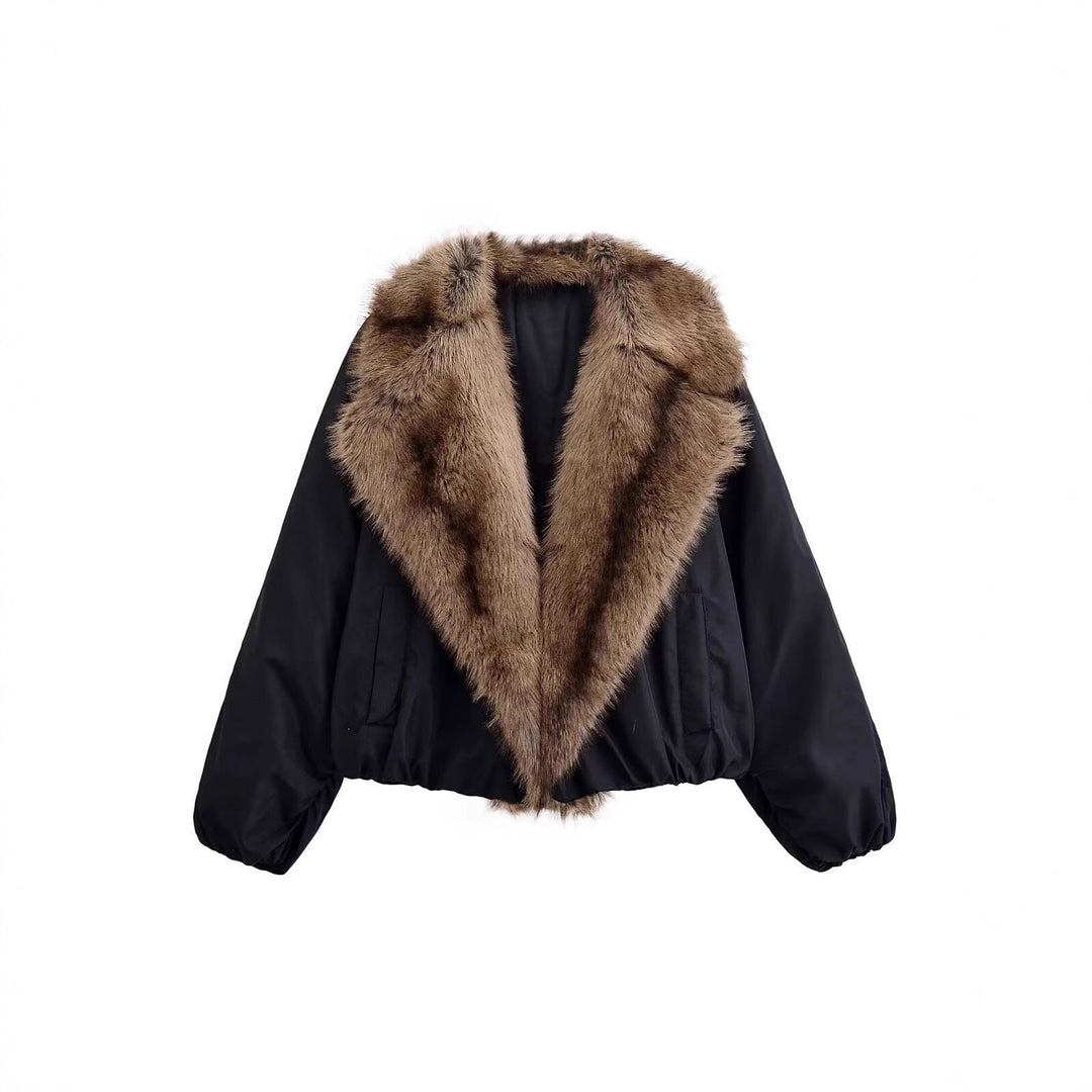 Ladies Short Quilted Bomber Jacket with Voluminous Faux Fur Shawl Collar