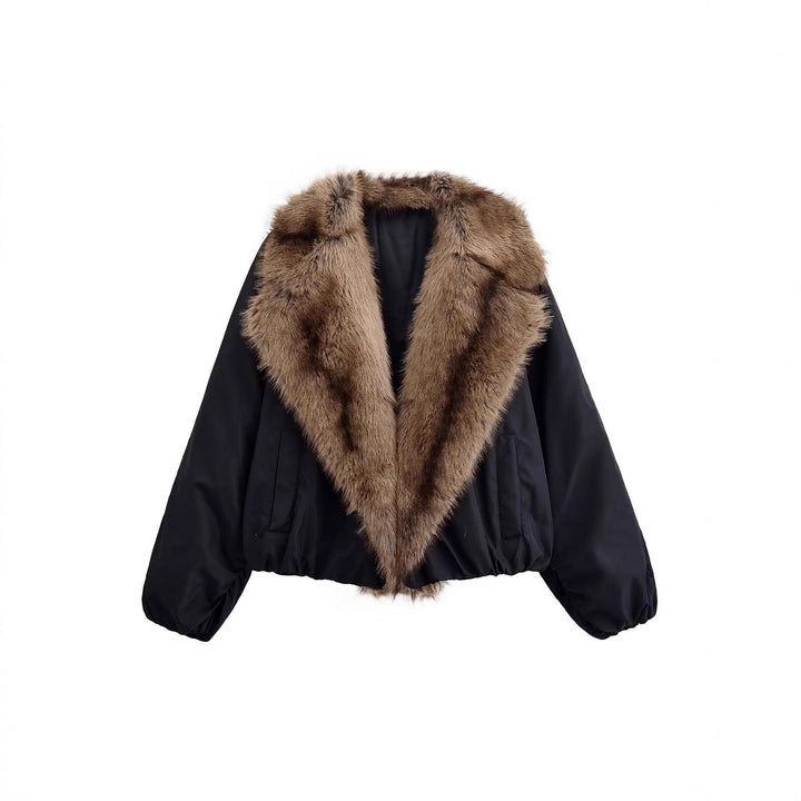 Ladies Short Quilted Bomber Jacket with Voluminous Faux Fur Shawl Collar