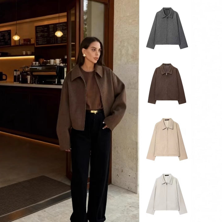 Women Boxy Wool Blend Blouson Jacket with Zip and Shirt Collar