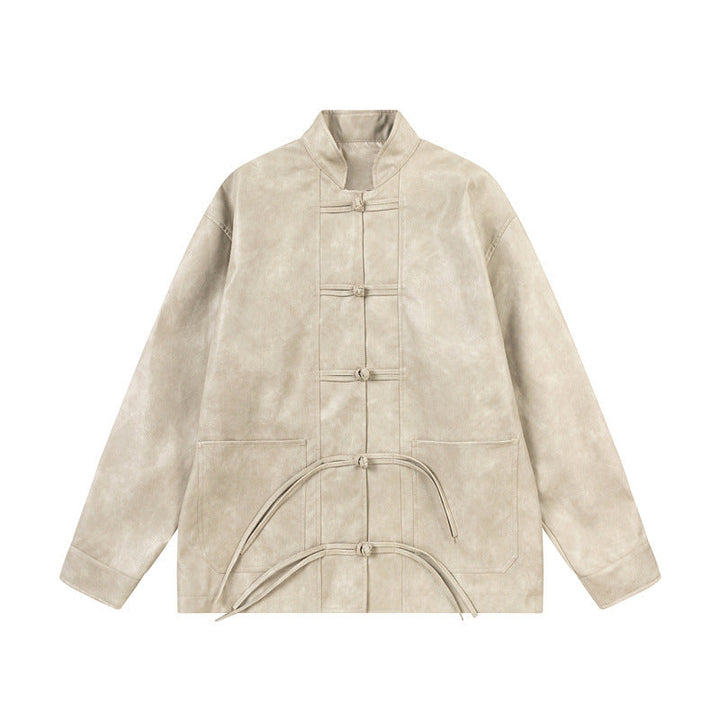 Unisex Asian inspired oversized jacket with mandarin collar and knot closures