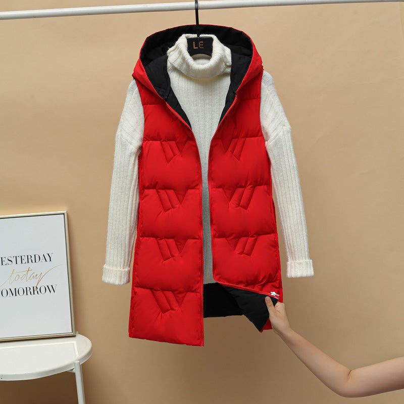 Women’s quilted long padded hooded vest with zip