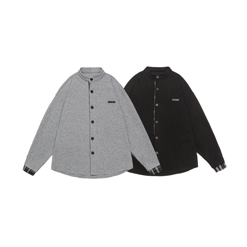 Unisex Oversized Shirt Jacket in Sweat Overlay with Stand-Up Collar and Checkered Inner Cuff