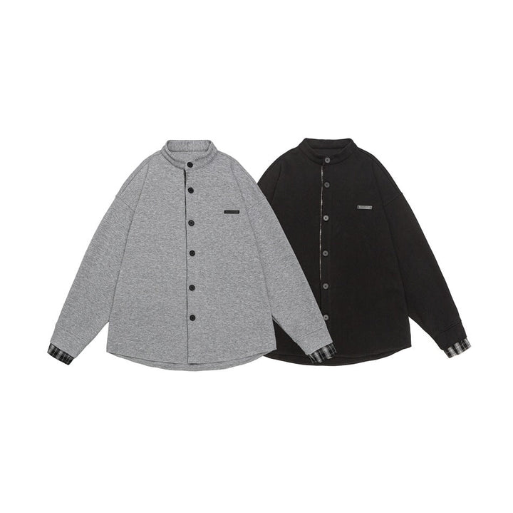 Unisex Oversized Shirt Jacket in Sweat Overlay with Stand-Up Collar and Checkered Inner Cuff