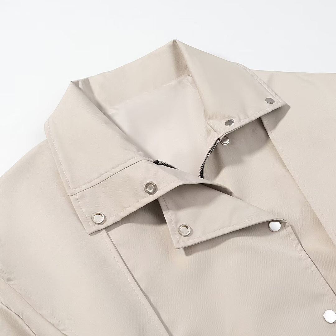 Women’s short trench coat with cape shoulder, high stand-up collar and belt