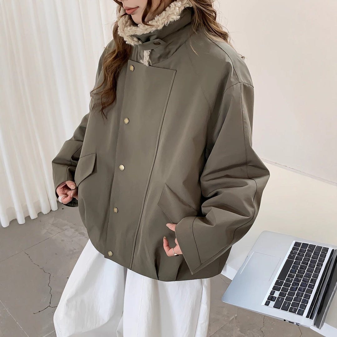 Women Oversize Utility Jacket with High Teddy Collar and Snap Button Placket