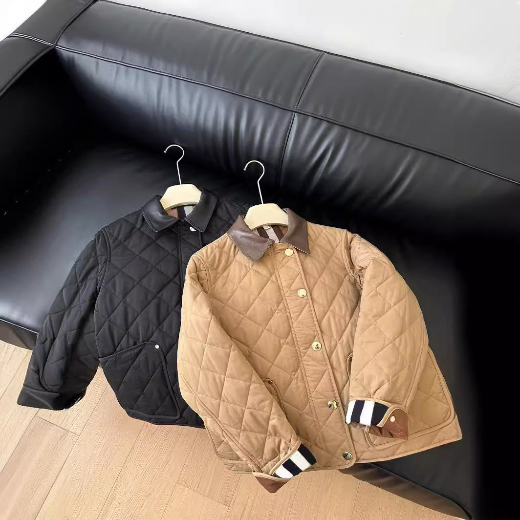 Ladies fashionable quilted jacket with elegant leather collar