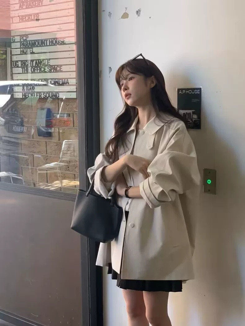 Women Boxy Short Coat with High Stand Collar Visible Button Closure and Side Pockets