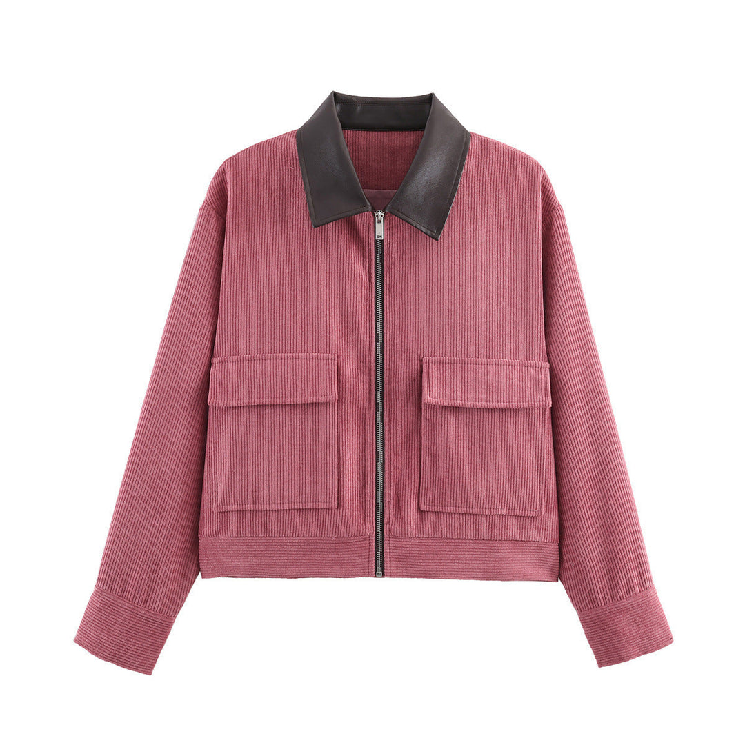Women Ribbed Structure Short Jacket with Faux Leather Collar and Flap Pockets