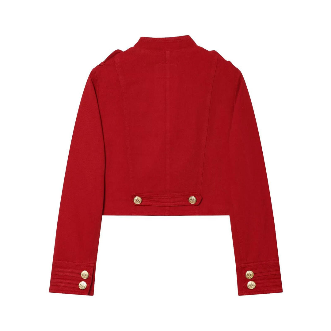 Women’s short military-inspired jacket with decorative ornate buttons