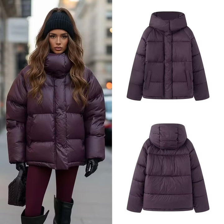 Ladies short padded oversized quilted jacket with high standing collar and hood