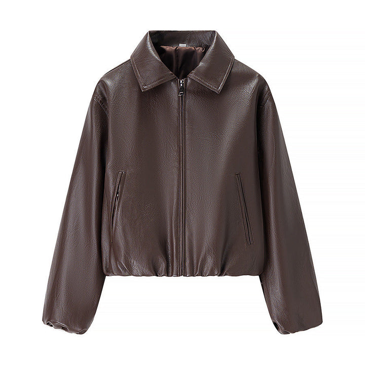 Women short cut leather imitation blouson with zip and elastic hem