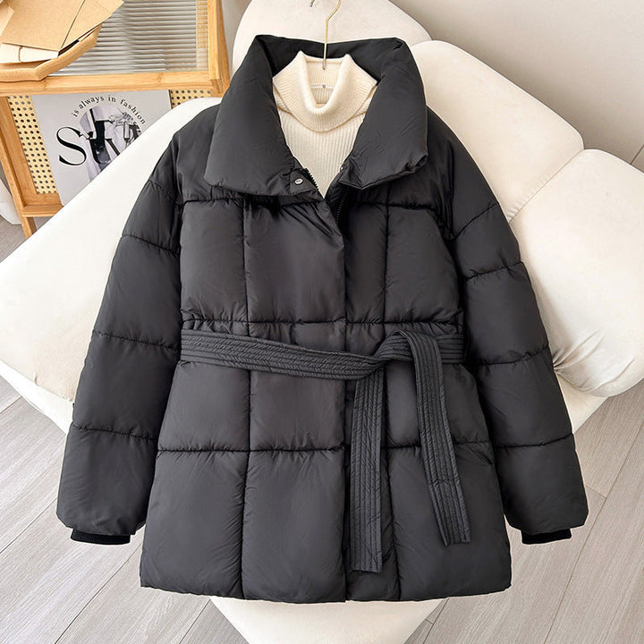 Women nan tailored padded jacket with wide stand-up collar, quilted tie belt and ribbed cuffs