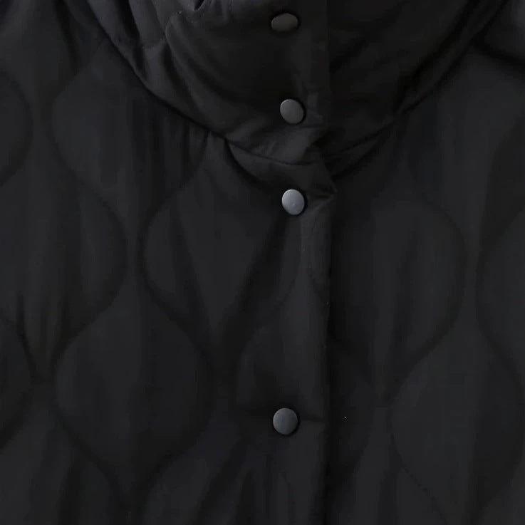 Women’s quilted jacket with stand-up collar and contrasting ruffled pockets