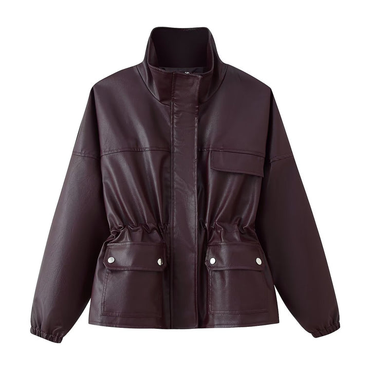 Women Faux Leather Parka with Stand Collar, Waist Drawstring, and Placket Pockets