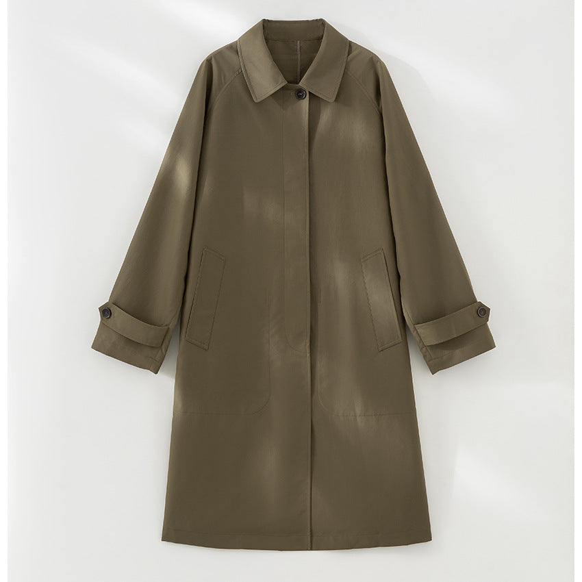 Women Mid-Length Trench Coat with concealed snap placket and adjustable cuffs