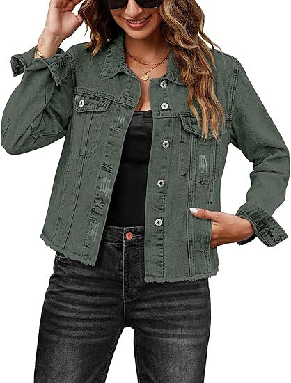 Women Short Cut Denim Jacket with Frayed Hem and Chest Pockets
