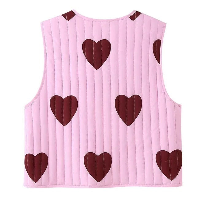 Women quilted vest with heart appliqués and ties