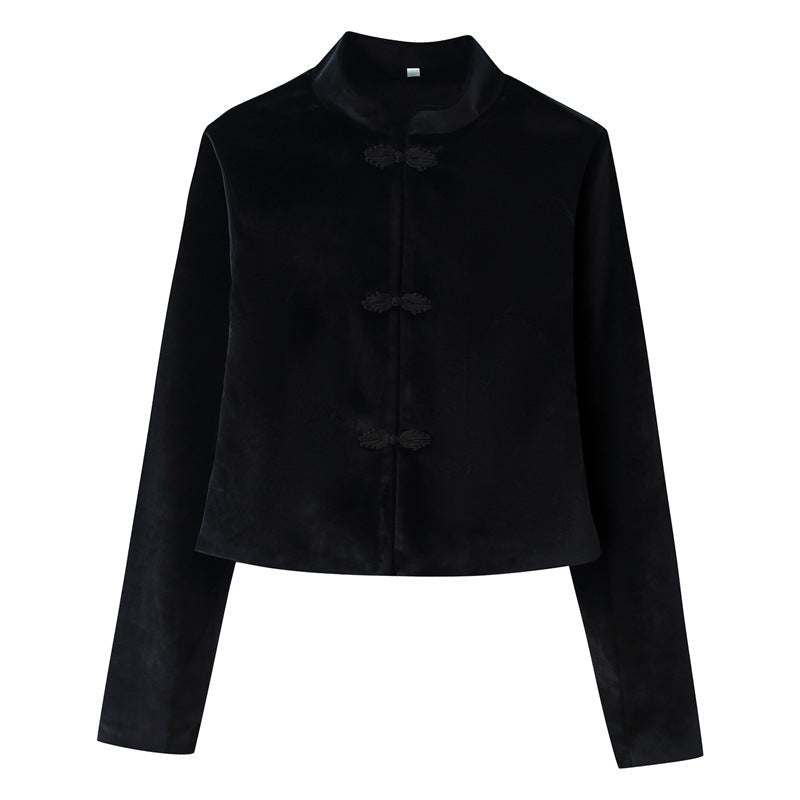 Women Cropped Tailored Jacket with Mandarin Collar and Decorative Toggle Closures