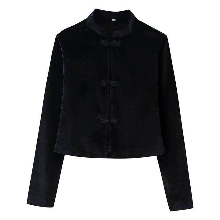 Women Cropped Tailored Jacket with Mandarin Collar and Decorative Toggle Closures