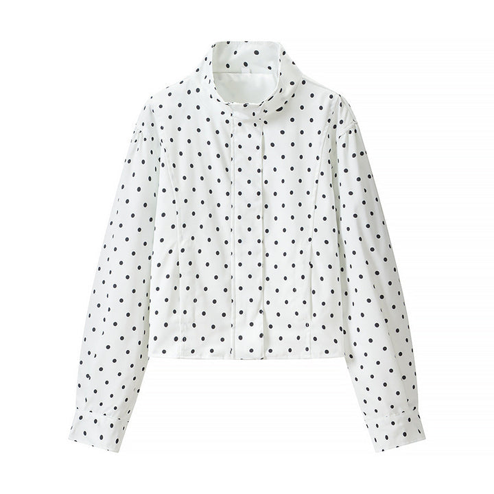 Women Polka Dot Short Jacket with Stand Collar and Concealed Snap Button Placket