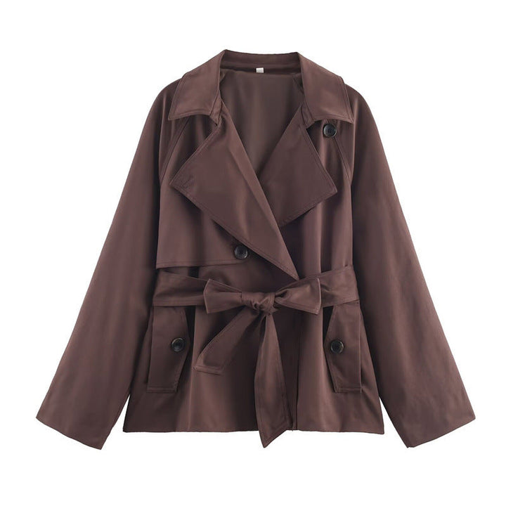 Ladies Cropped Trench Coat with Shawl Collar, Tie Belt and Flap Pockets