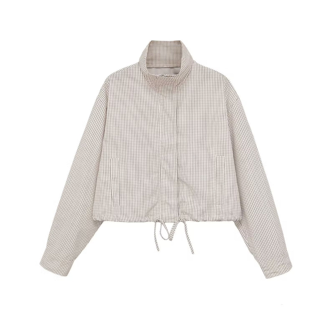 Women Cropped Checked Transitional Jacket with High Collar and Drawstring