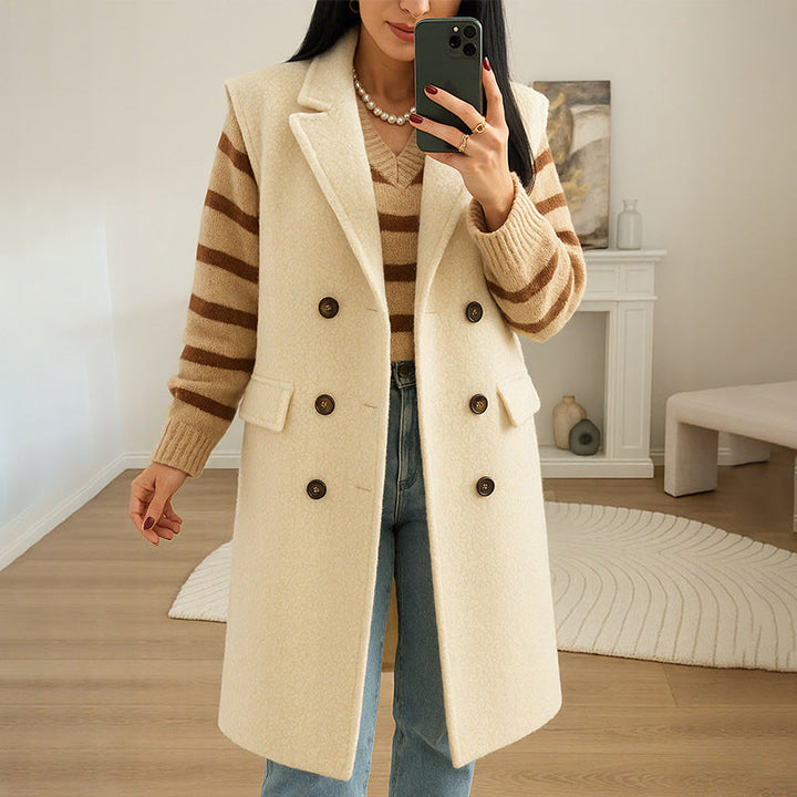Women Long Sleeveless Boucle Vest with Double-Breasted Button Placket and Revere Collar
