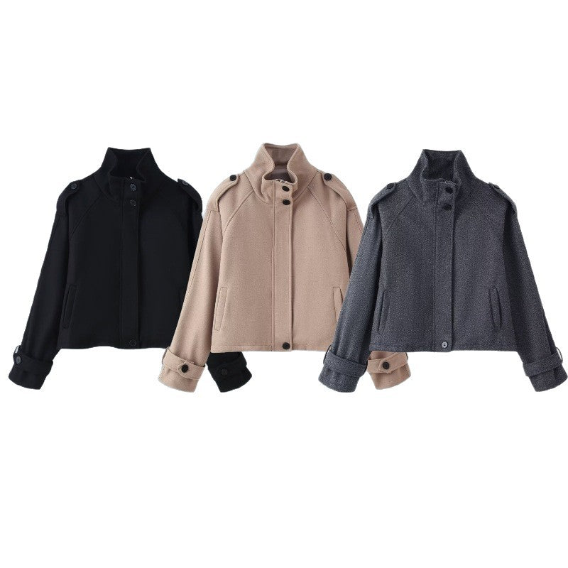 Women Short Wool Blend Jacket with Stand-Up Collar, Shoulder Flaps and Adjustable Cuffs