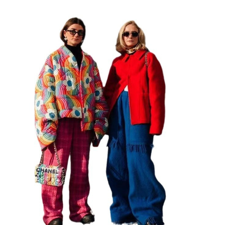 Women Short Oversized Padded Jacket with Colorful Rainbow Stripes and Flower Application