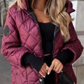 Women's Padded Hooded Quilted Jacket with Check Quilting, Light Thermal Filling and Full-Length Zip