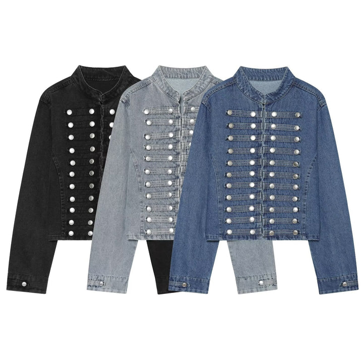 Ladies short cut denim jacket in military style with stand-up collar and decorative button rows