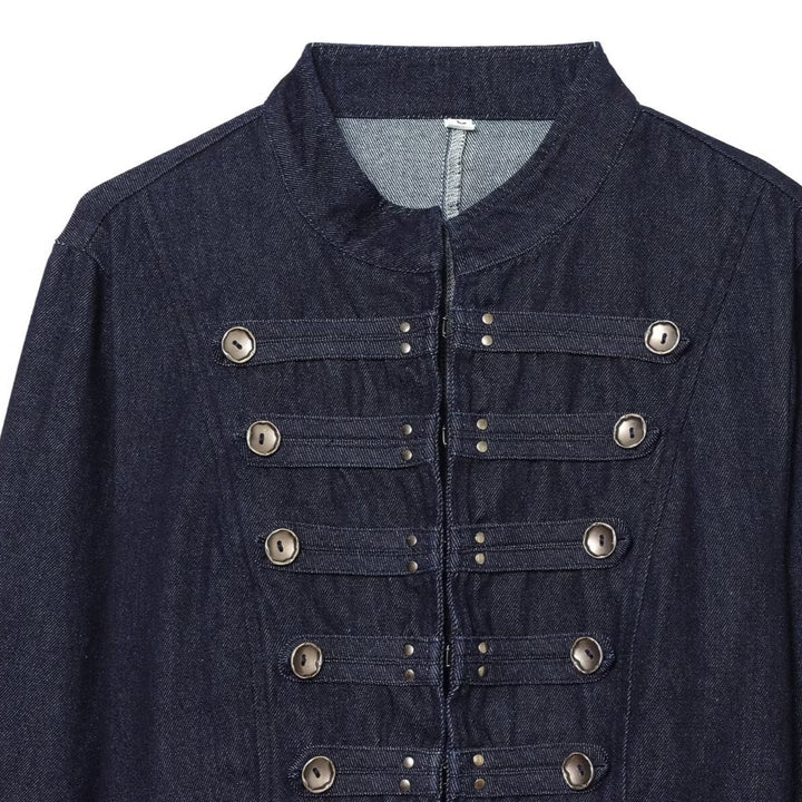 Women Cropped Denim Military Jacket with Stand-Up Collar and Decorative Button Placket