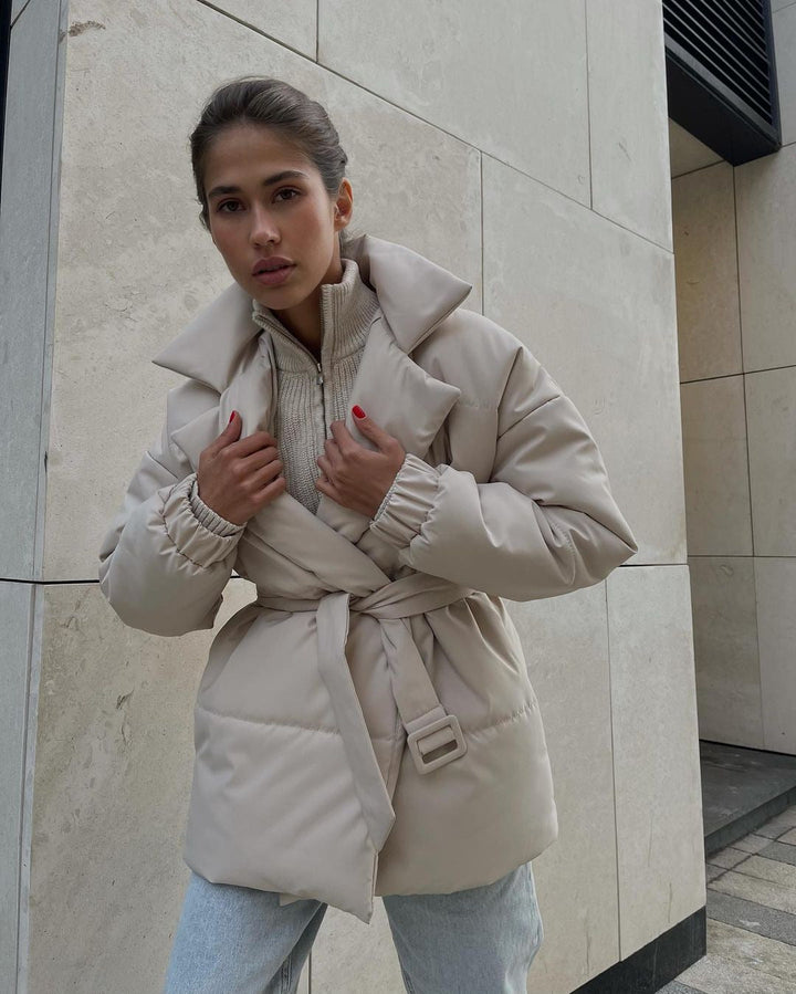 Women Padded Tailored Quilted Jacket with Belt and Hood