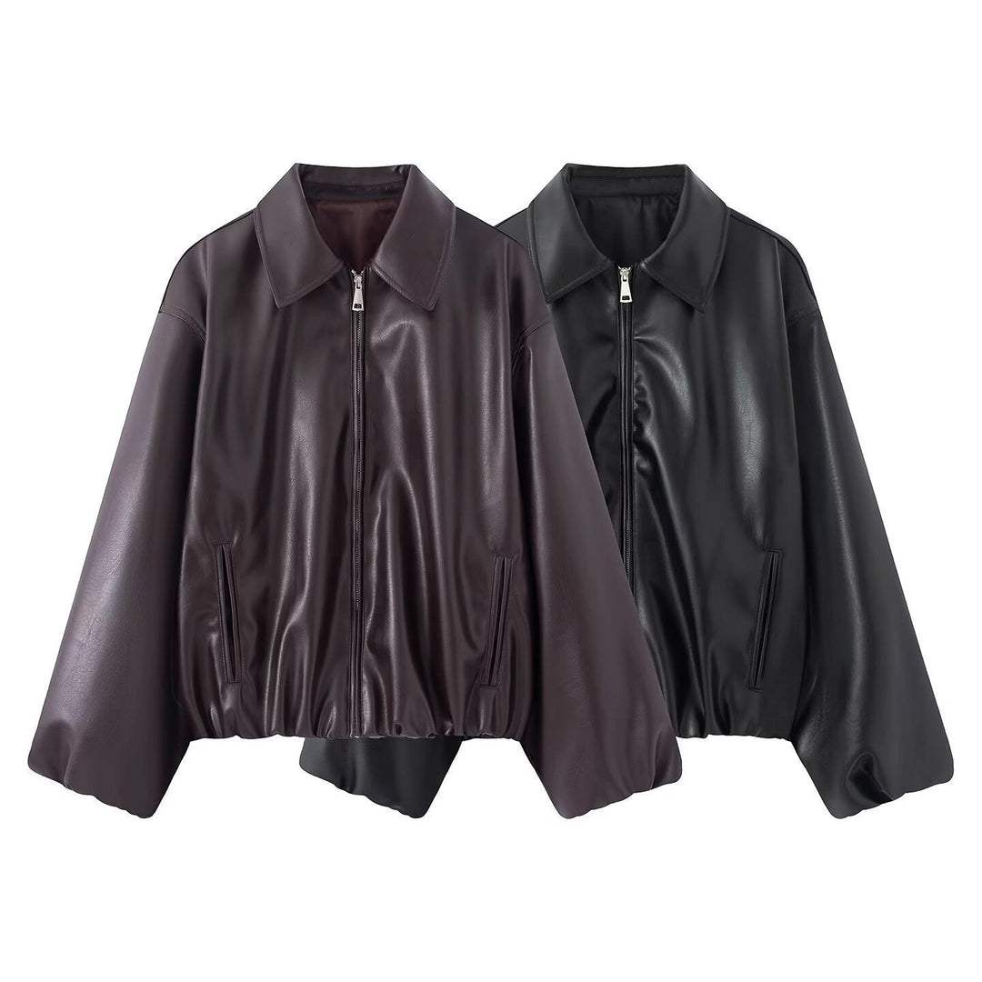 Women Oversize Faux Leather Blouson with Zip and Elastic Hem
