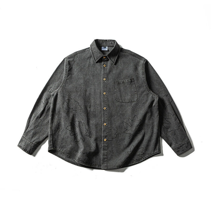 Unisex Oversized Shirt Jacket with Embroidered Leaf Motifs and Rounded Hem
