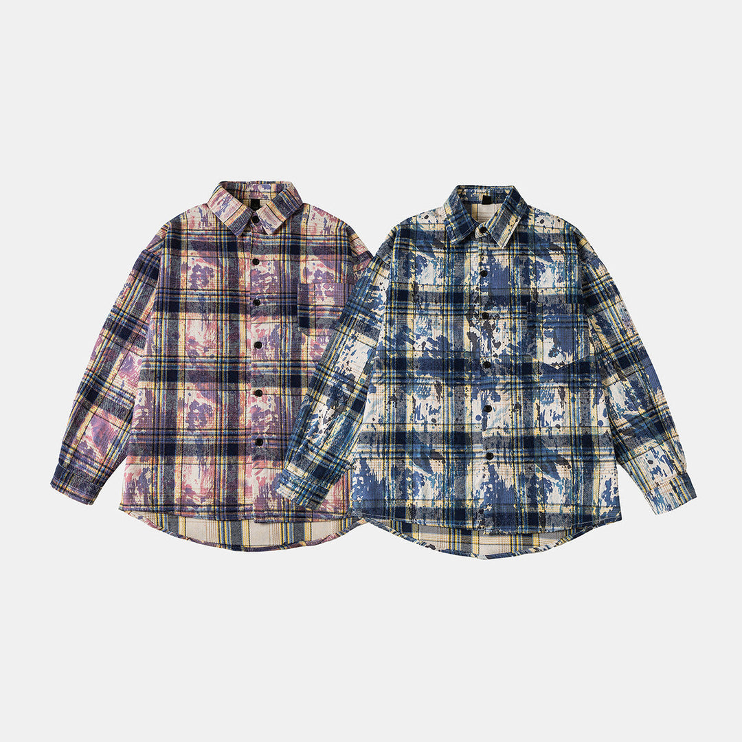 Unisex Overshirt Shirt Jacket in checked cotton blend with artistic paint effect