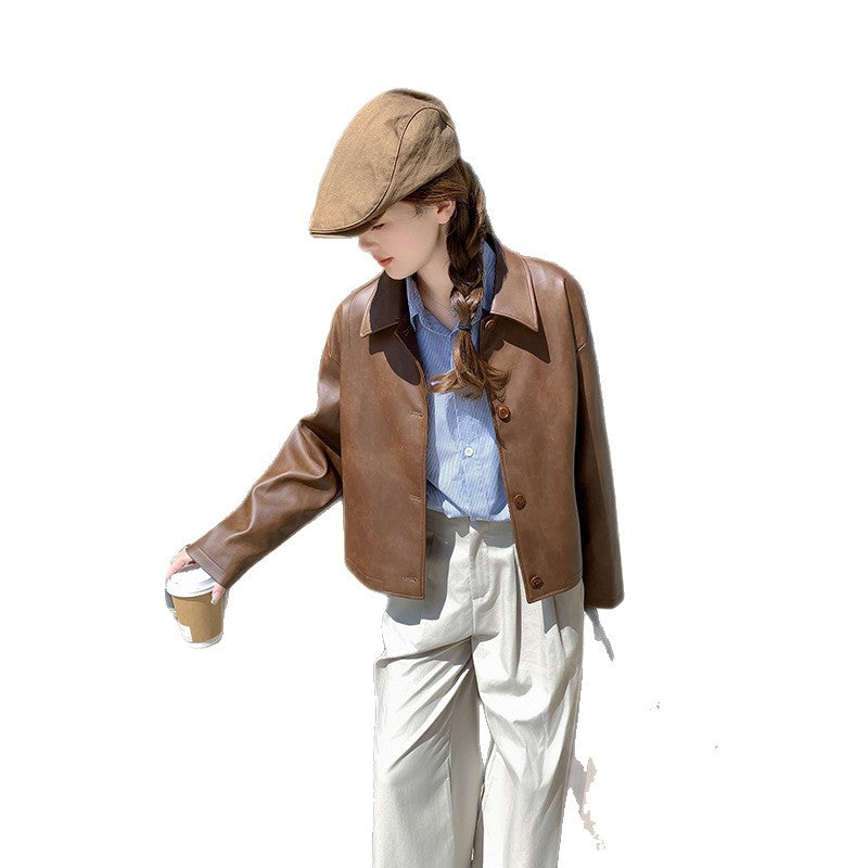 Women Short Boxy Leather Jacket with Shirt Collar