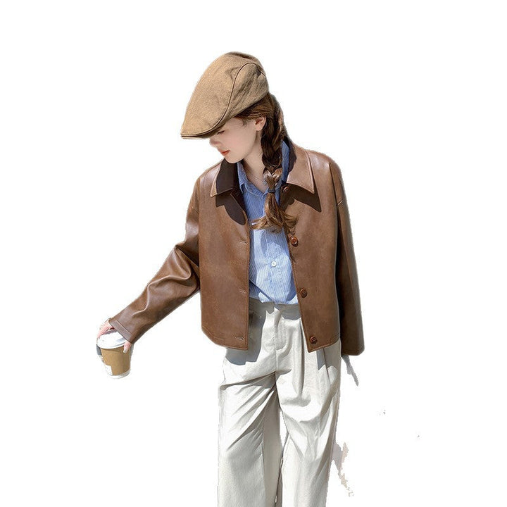 Women Short Boxy Leather Jacket with Shirt Collar