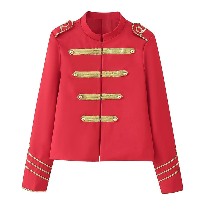 Ladies Cropped Military Jacket with Gold Embroidered Galloons and Stand-up Collar