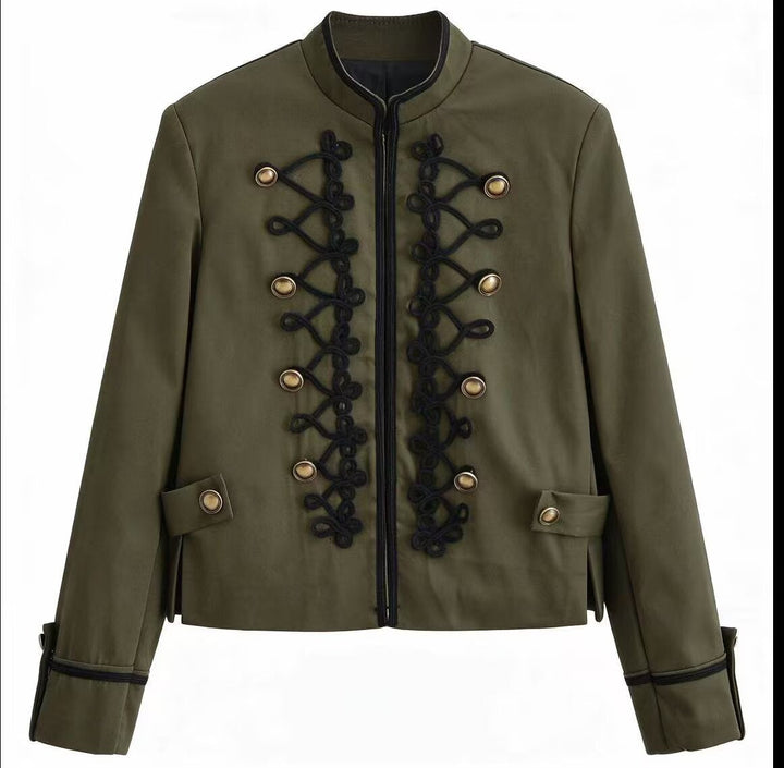 Women’s short military-style jacket with decorative cords and stand-up collar