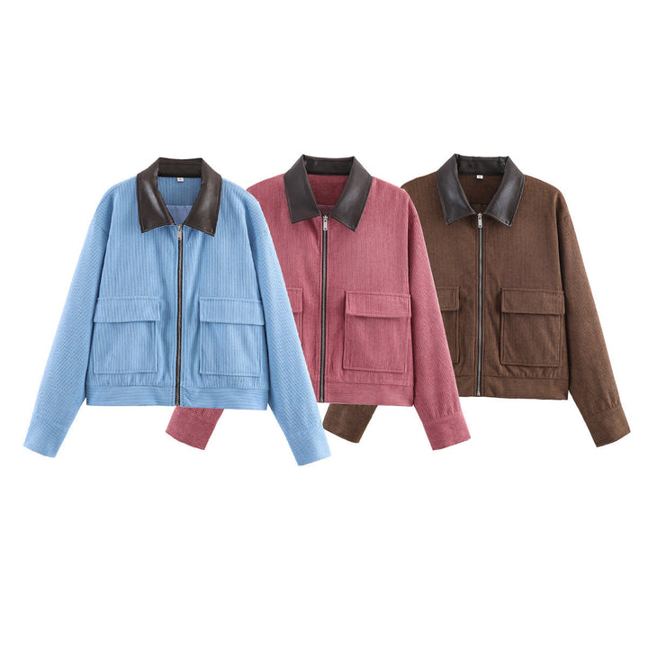 Women Ribbed Structure Short Jacket with Faux Leather Collar and Flap Pockets