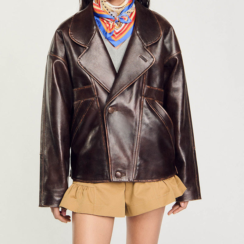 Women Short Cut Oversized Leather Jacket with Round Collar and Flap Pockets