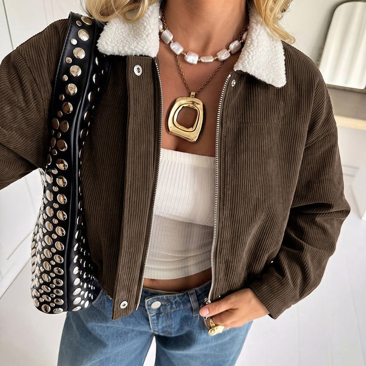 Women Short Cut Cord Jacket with Teddy Lining and Sheep Collar