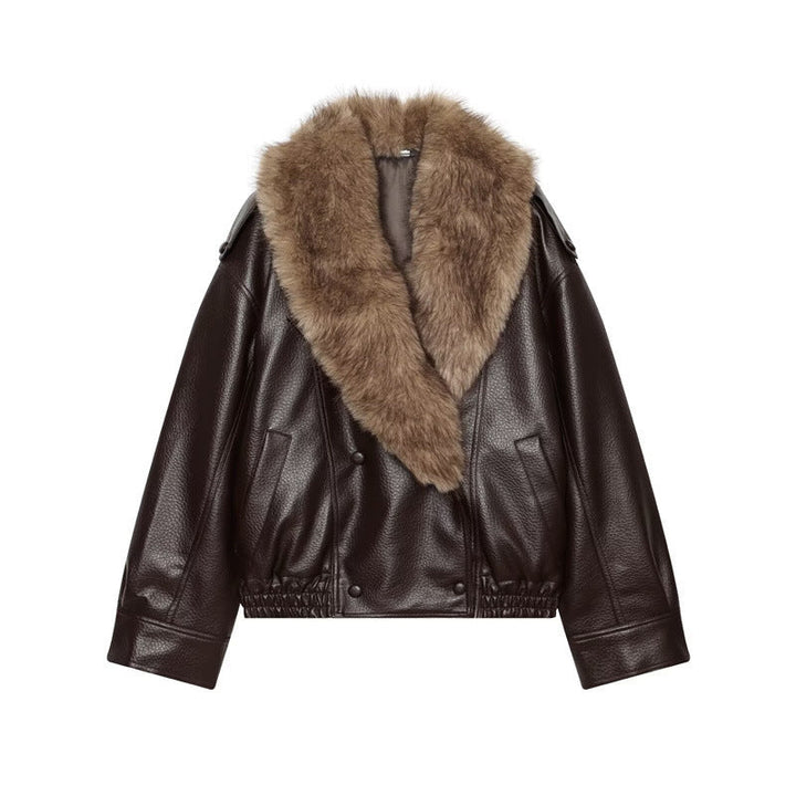 Women’s short-cut leather jacket with full fur collar and elastic hem