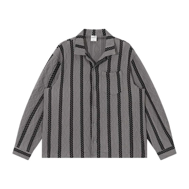 Unisex Lightweight Shirt Jacket with Camp Collar, Relaxed Fit and Vertical Braid Stripe Pattern