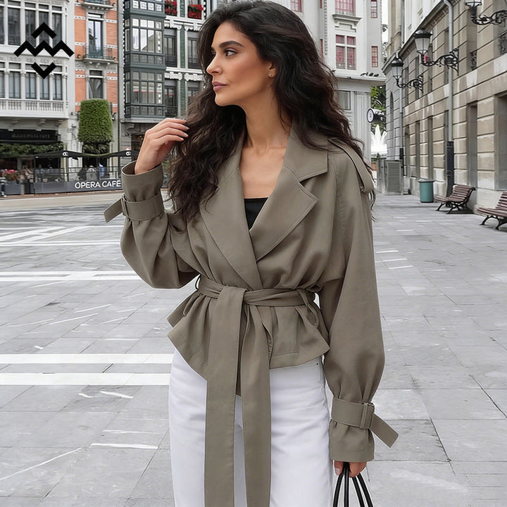 Women Lightweight Short Trench Coat with Wide Lapels, Long Ties and Adjustable Cuffs