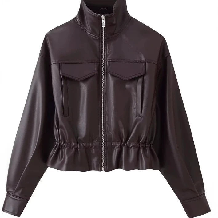 Women cropped faux leather jacket with stand collar, zip and tailored smocking